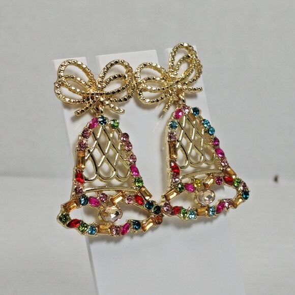 Isles & Stars Christmas Bell Drop Earrings Gold Tone Metal Plastic Rhinestones - Picture 4 of 16
